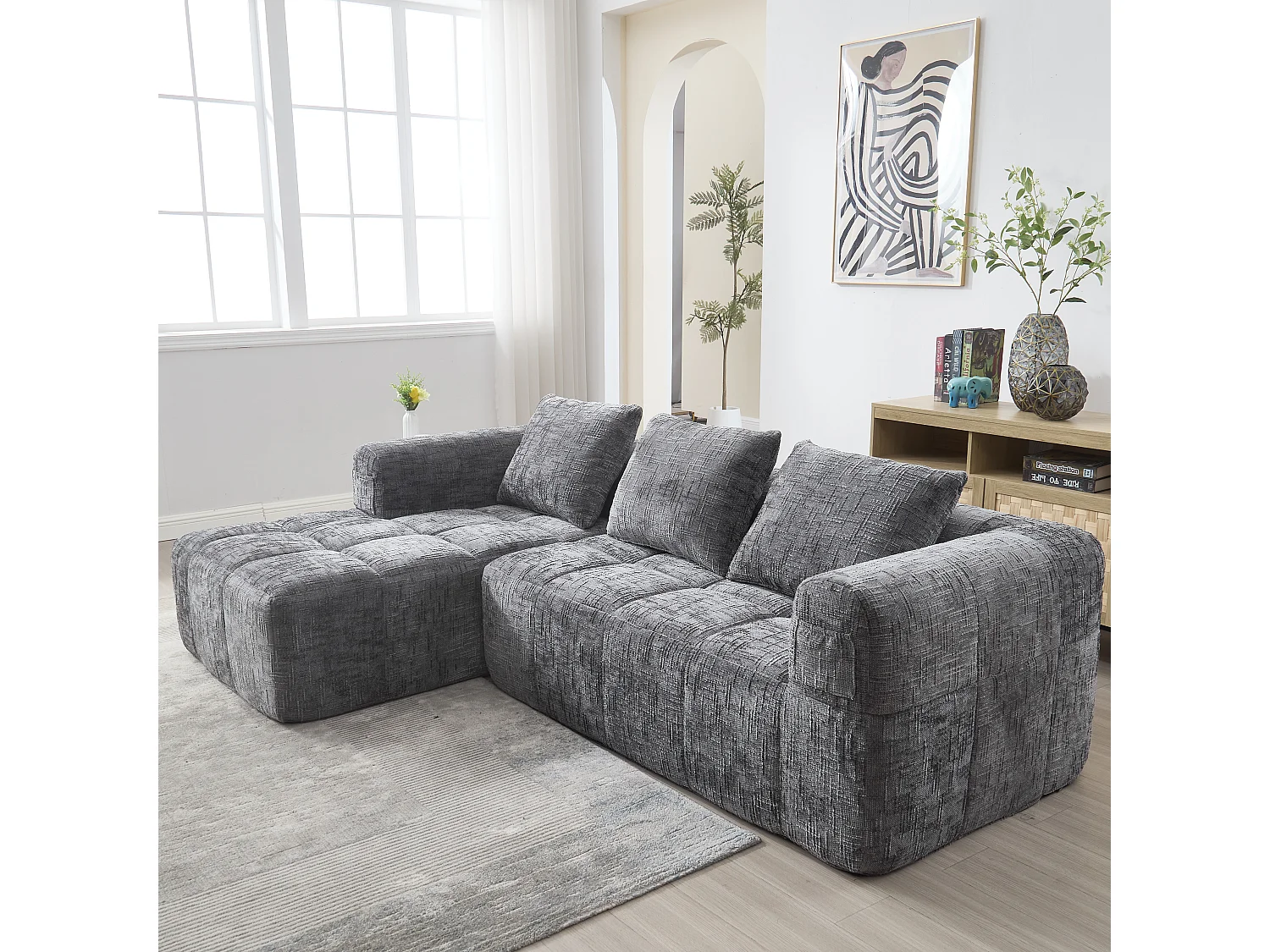 Canapé Sectionnel Moderne avec Chaiselongue, 3 places, Design en Chenille, Gris