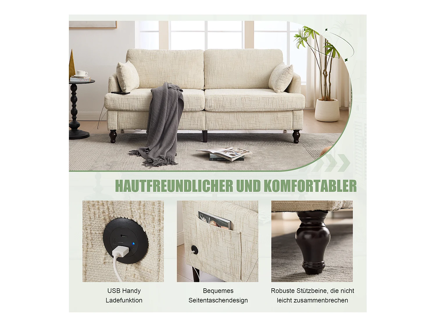 Moderne 2-zits chenille bank, houten poten, LED- en USB-verlichting, beige (175x83x78cm)