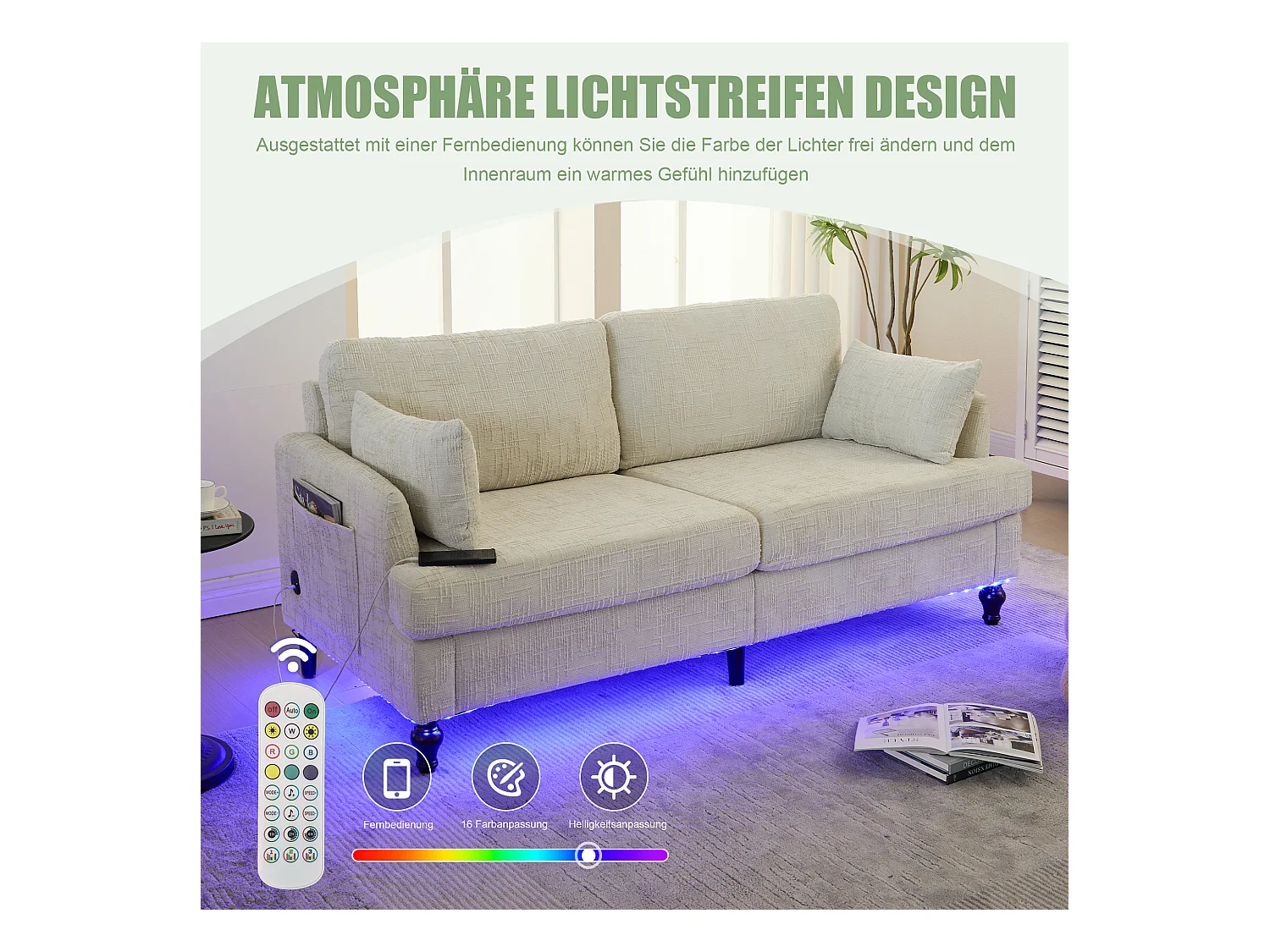 Moderne 2-zits chenille bank, houten poten, LED- en USB-verlichting, beige (175x83x78cm)