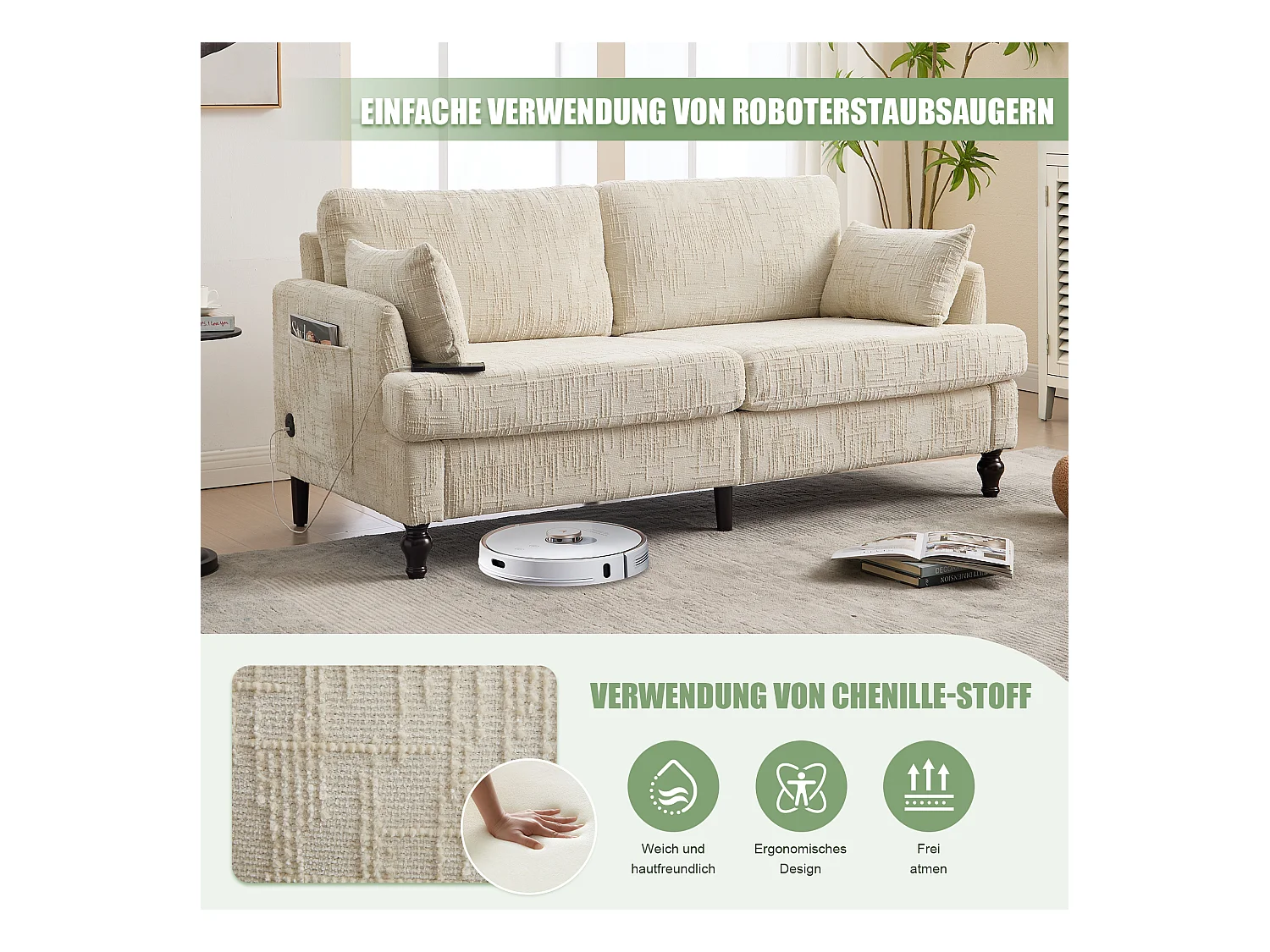 Moderne 2-zits chenille bank, houten poten, LED- en USB-verlichting, beige (175x83x78cm)