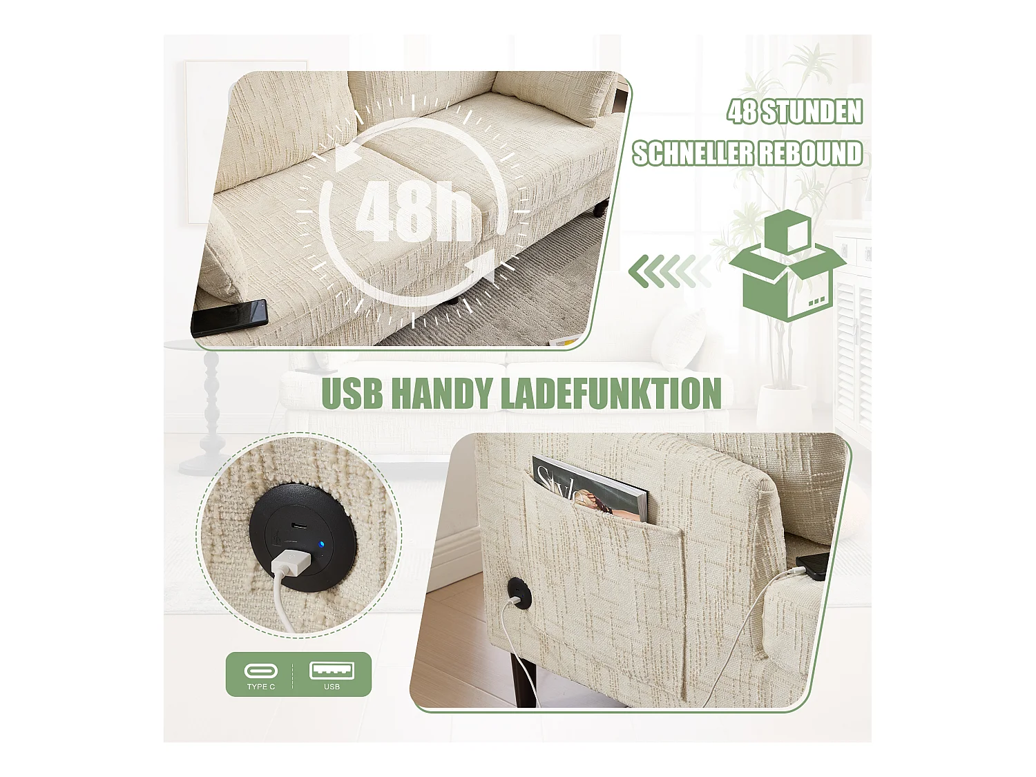 Moderne 2-zits chenille bank, houten poten, LED- en USB-verlichting, beige (175x83x78cm)