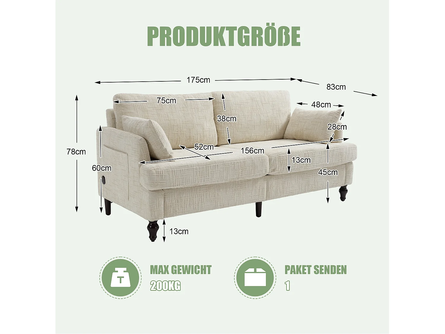 Moderne 2-zits chenille bank, houten poten, LED- en USB-verlichting, beige (175x83x78cm)