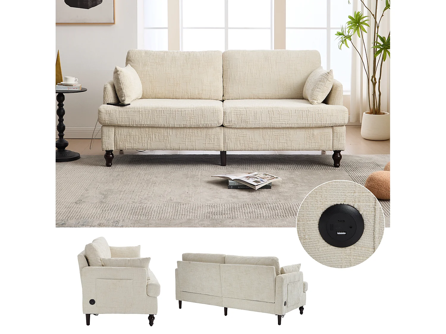 Canapé 2 places moderne en chenille, pieds en bois, éclairage LED et USB, beige (175x83x78cm)