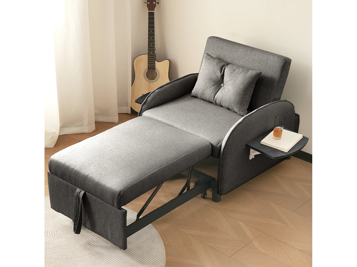 Divano letto 3 in 1 con funzione letto, reclinabile, lino, grigio scuro (123x167x78 cm)