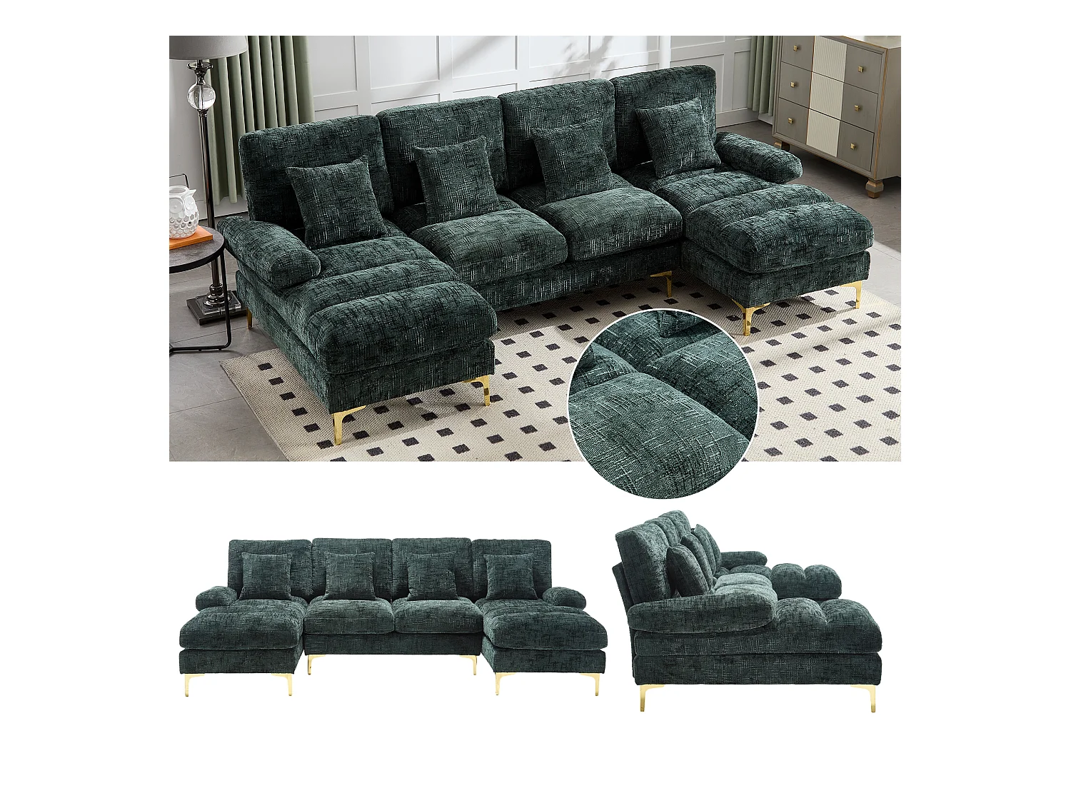 Grote U-vormige chenille hoekbank, modern design, met verstelbare zittingen, smaragdkleur (272x136x88 cm)