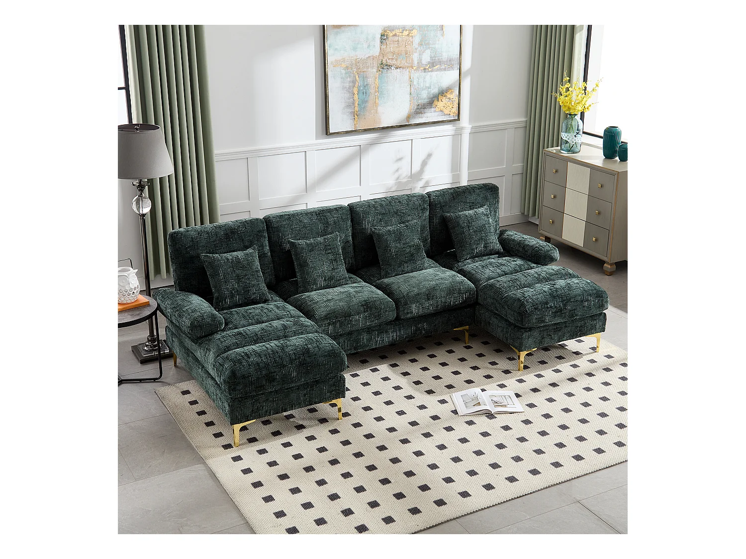 Grote U-vormige chenille hoekbank, modern design, met verstelbare zittingen, smaragdkleur (272x136x88 cm)