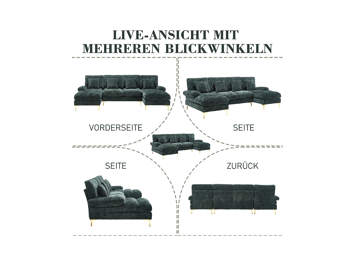 Grote U-vormige chenille hoekbank, modern design, met verstelbare zittingen, smaragdkleur (272x136x88 cm)