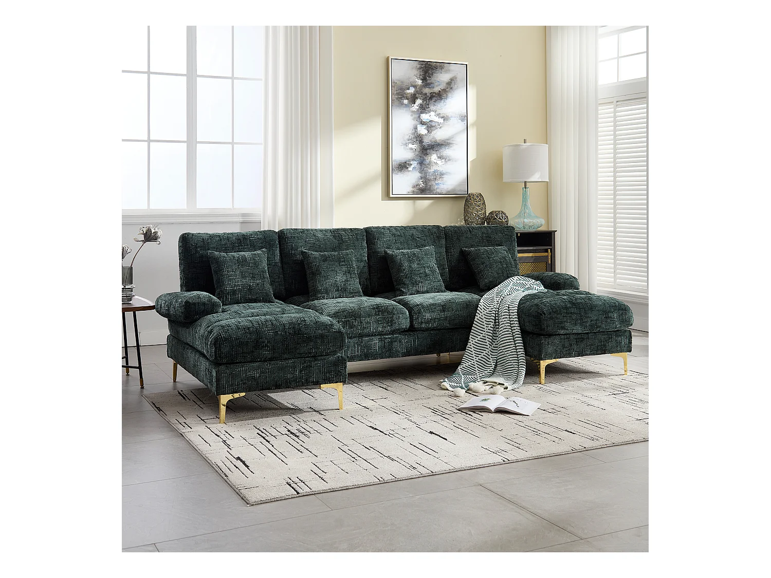 Grote U-vormige chenille hoekbank, modern design, met verstelbare zittingen, smaragdkleur (272x136x88 cm)