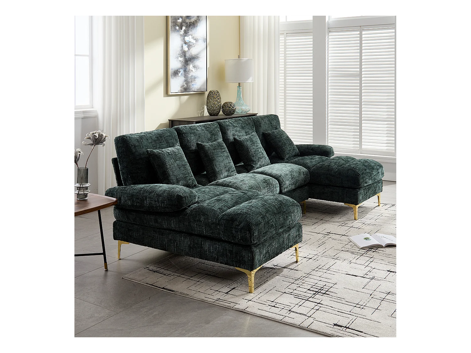 Grote U-vormige chenille hoekbank, modern design, met verstelbare zittingen, smaragdkleur (272x136x88 cm)