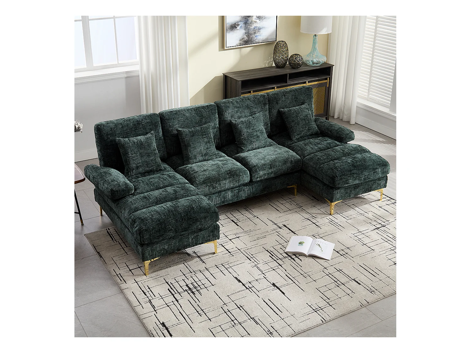 Grote U-vormige chenille hoekbank, modern design, met verstelbare zittingen, smaragdkleur (272x136x88 cm)