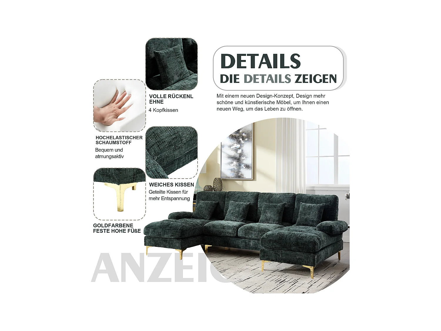 Grote U-vormige chenille hoekbank, modern design, met verstelbare zittingen, smaragdkleur (272x136x88 cm)