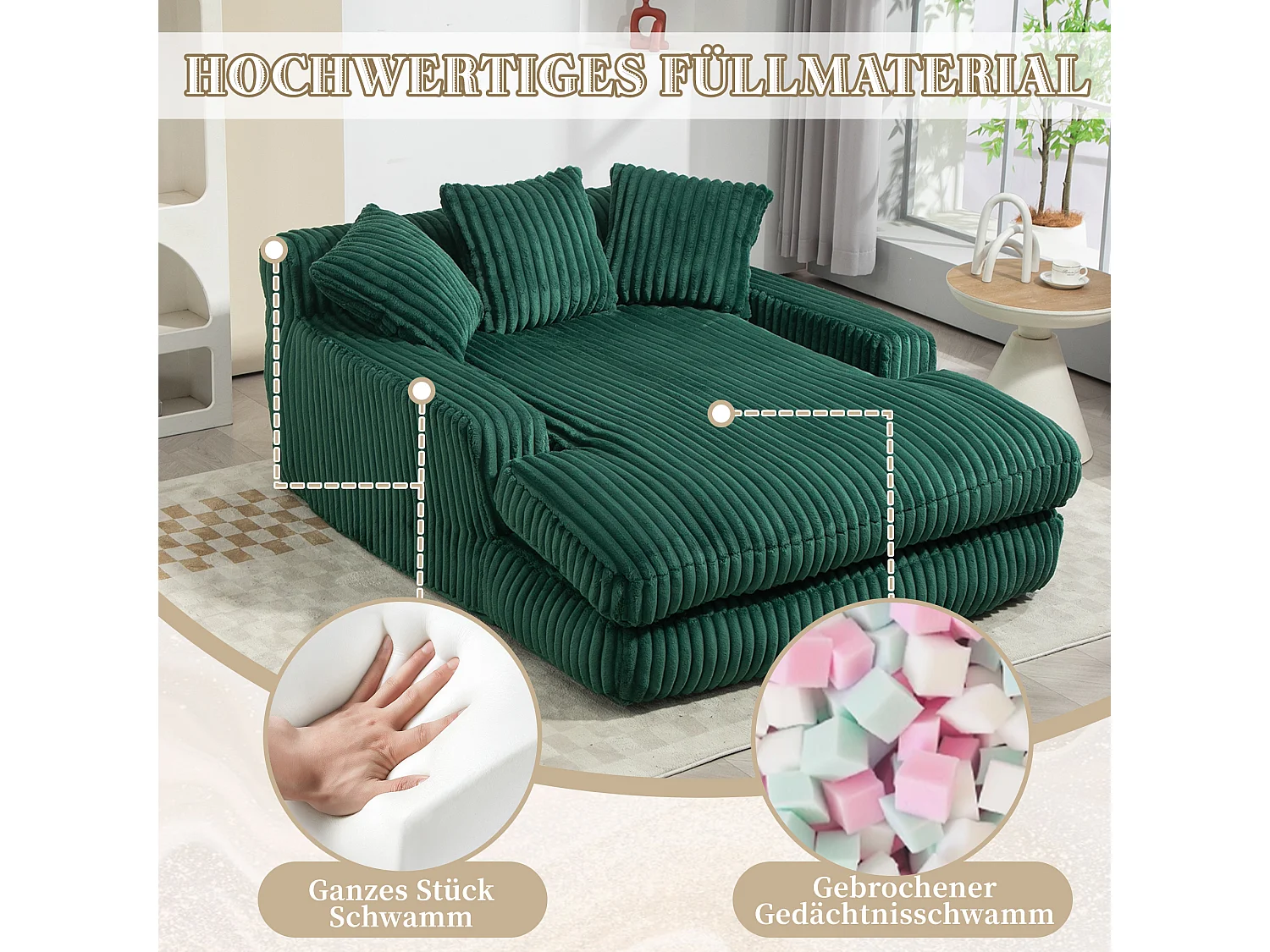 Canapé paresseux en chenille, dossier haut, 3 coussins, pour adultes et enfants, intérieur & extérieur, couleur émeraude (125x155x63 cm)