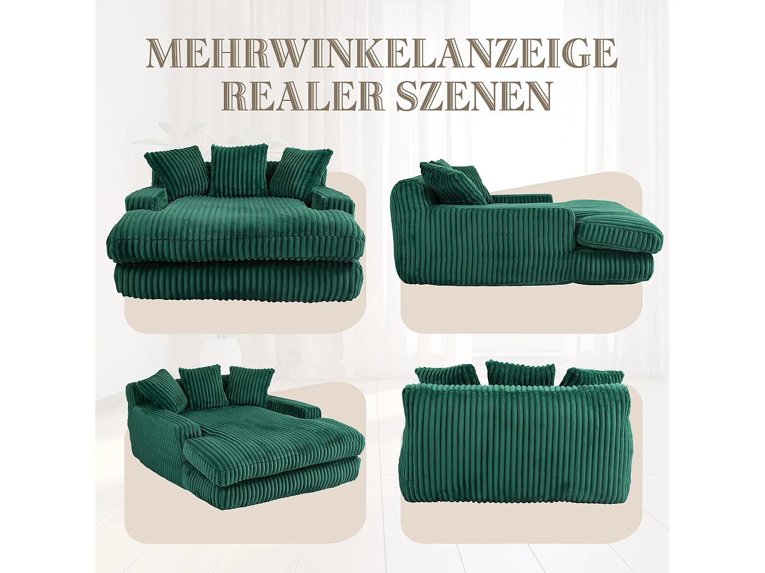 Canapé paresseux en chenille, dossier haut, 3 coussins, pour adultes et enfants, intérieur & extérieur, couleur émeraude (125x155x63 cm)