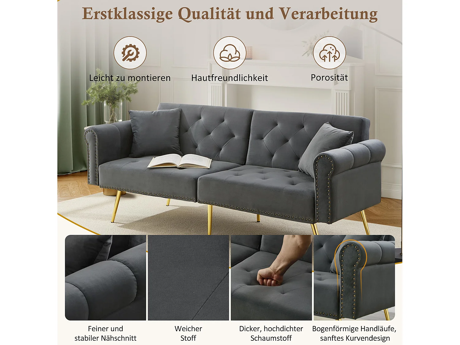 Divano letto a 2 posti, velluto, schienale regolabile in 3 posizioni, gambe in metallo dorato, funzione letto, grigio antico (173x75x70 cm)