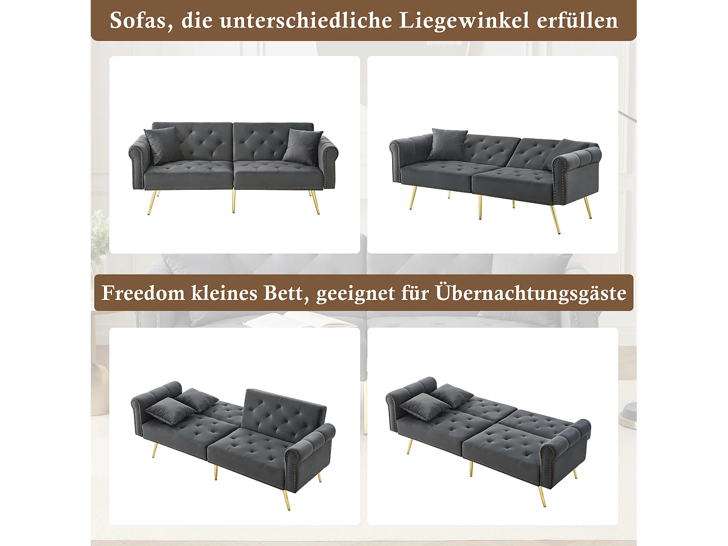 Divano letto a 2 posti, velluto, schienale regolabile in 3 posizioni, gambe in metallo dorato, funzione letto, grigio antico (173x75x70 cm)