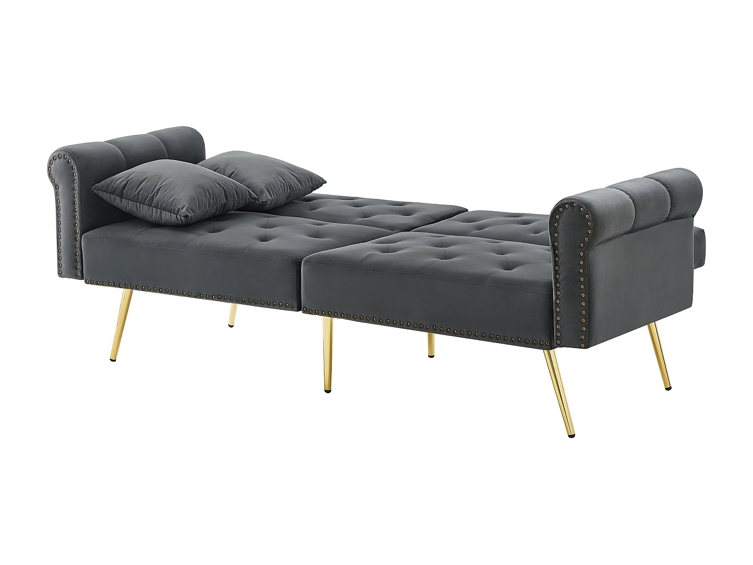Divano letto a 2 posti, velluto, schienale regolabile in 3 posizioni, gambe in metallo dorato, funzione letto, grigio antico (173x75x70 cm)