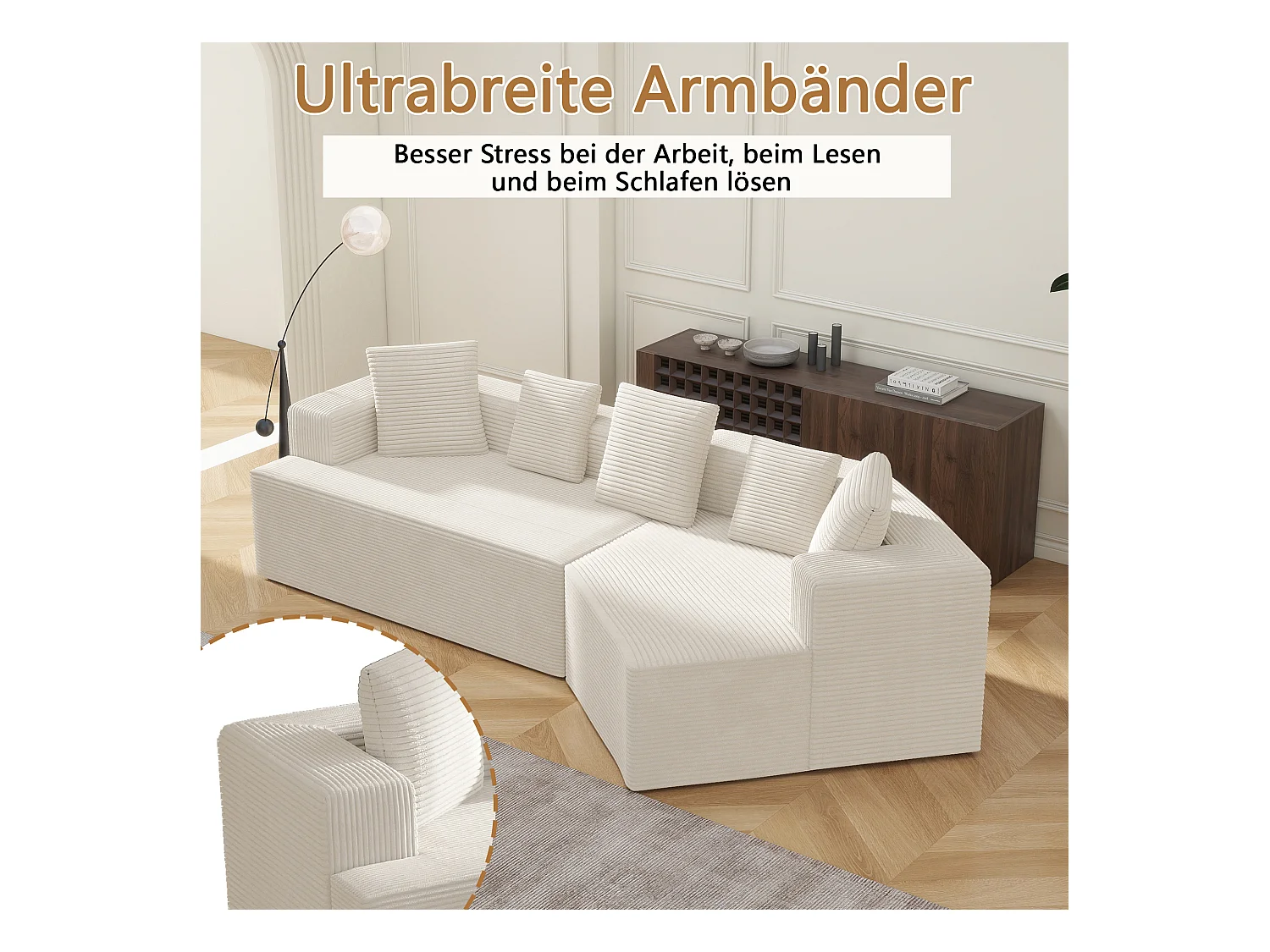 Sofá modular con tejido Cloud, Schneider Comfort Sofa, espuma de compresión, blanco (307 x 159 x 67 cm)