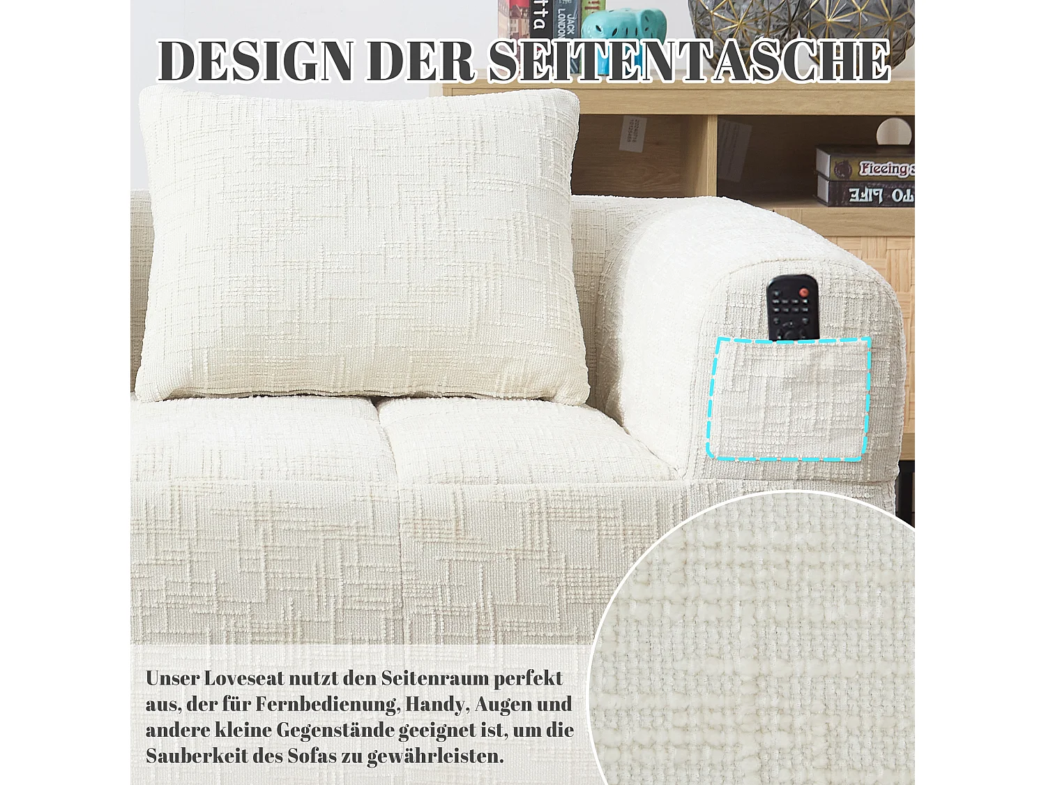 Comfortabele 2-persoonsbank, geen montage nodig, kussen, zijzakken, afstandsbediening, chenillestof, beige (38,5x37x112 cm)