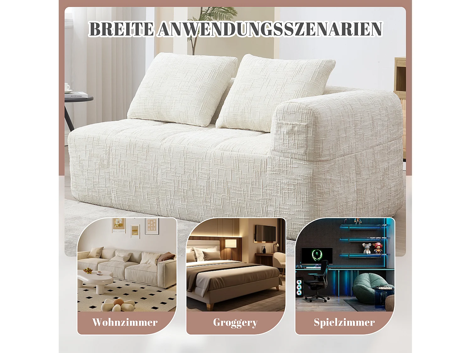 Comfortabele 2-persoonsbank, geen montage nodig, kussen, zijzakken, afstandsbediening, chenillestof, beige (38,5x37x112 cm)