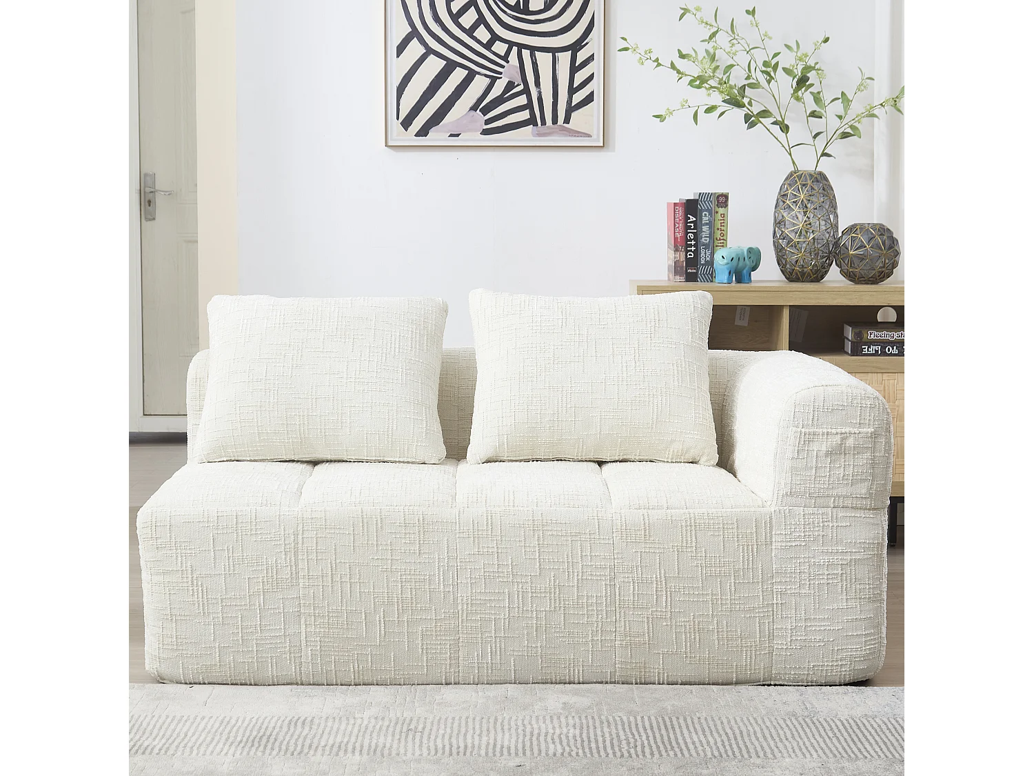 Canapé Confortable 2 Pers., Sans Assemblage, Coussin, Poches Latérales, Télécommande, Tissu Chenille, Beige (38.5x37x112 cm)