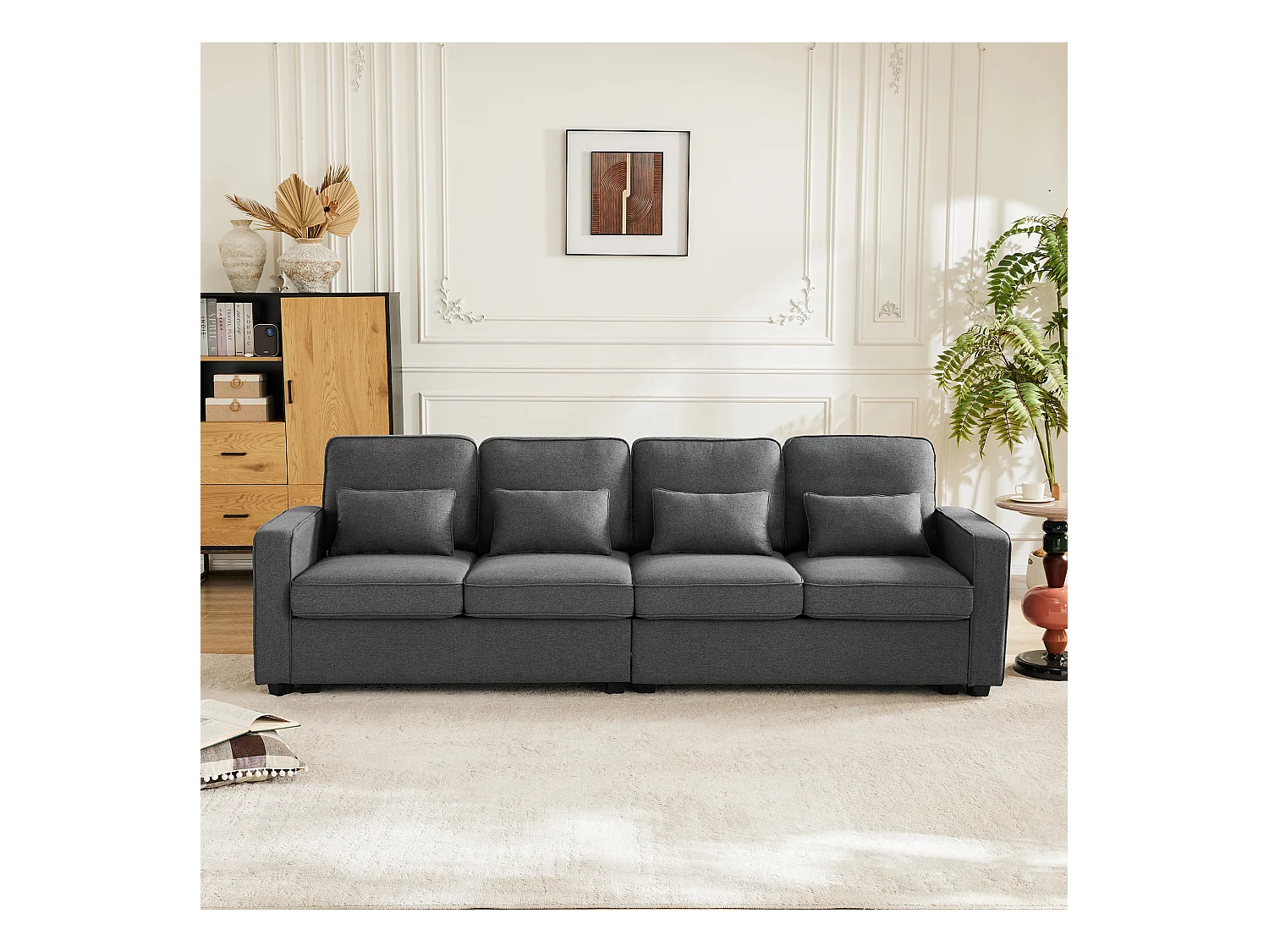 Moderne 4-zitsbank, linnen, met armleuningzakken, 4 kussens, grijs (264x83x87 cm)