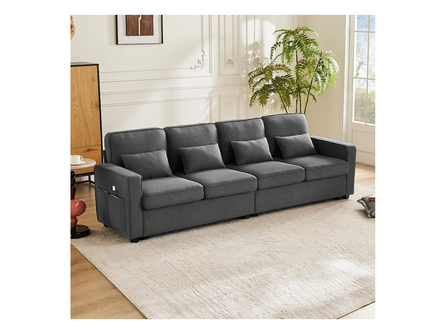 Moderne 4-zitsbank, linnen, met armleuningzakken, 4 kussens, grijs (264x83x87 cm)