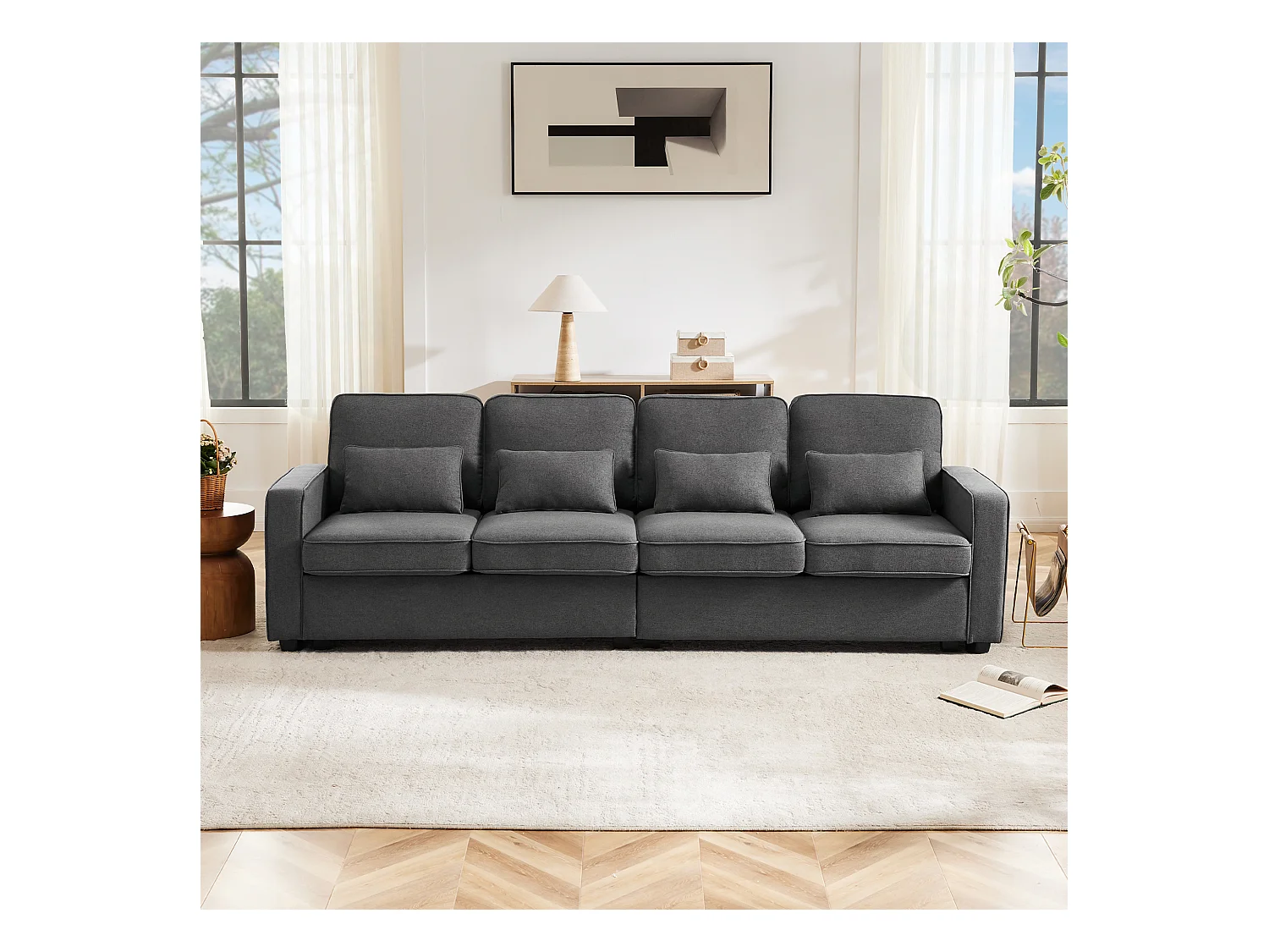 Moderne 4-zitsbank, linnen, met armleuningzakken, 4 kussens, grijs (264x83x87 cm)