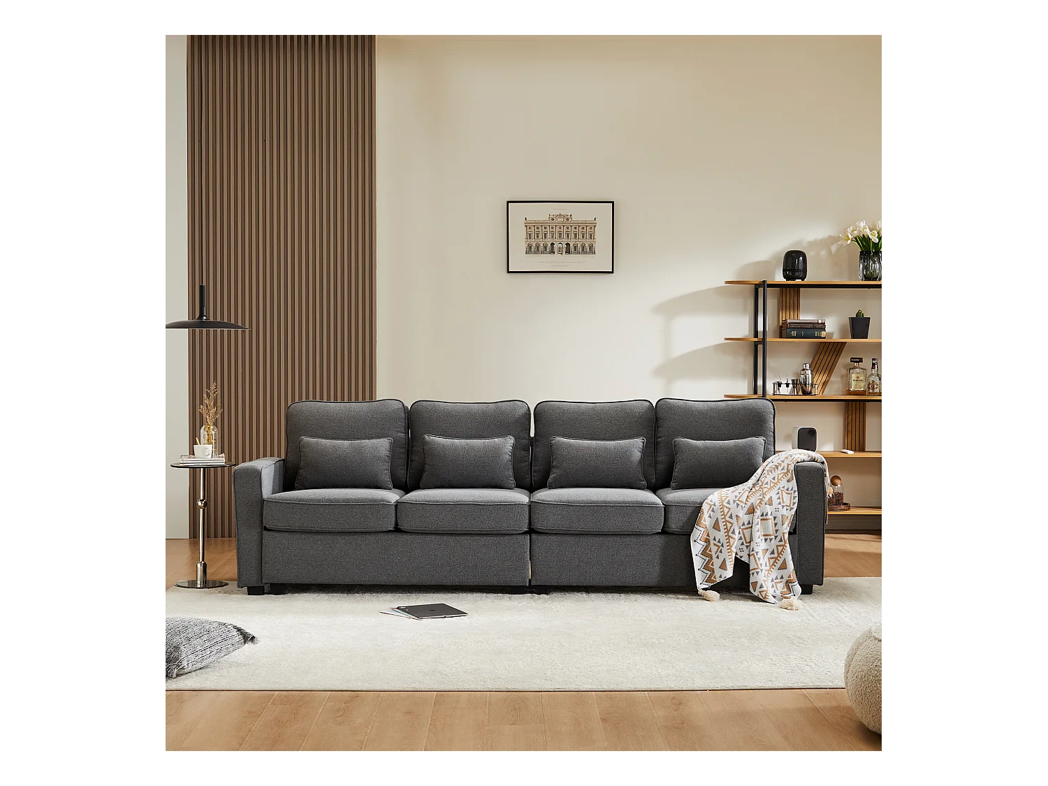 Canapé 4 places moderne, lin, avec poches sur les accoudoirs, 4 coussins, gris (264x83x87 cm)