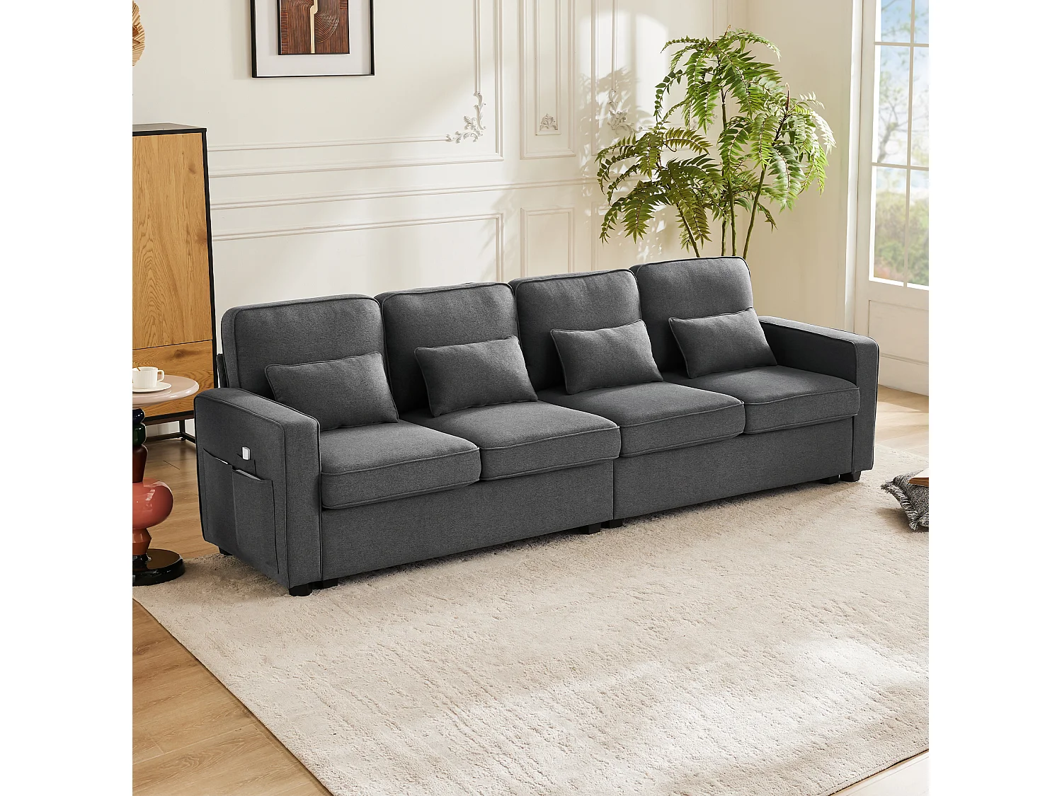 Canapé 4 places moderne, lin, avec poches sur les accoudoirs, 4 coussins, gris (264x83x87 cm)