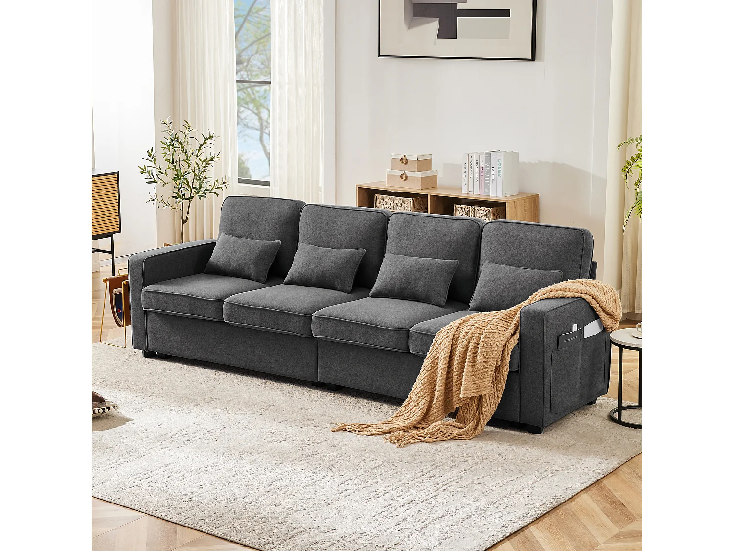 Canapé 4 places moderne, lin, avec poches sur les accoudoirs, 4 coussins, gris (264x83x87 cm)