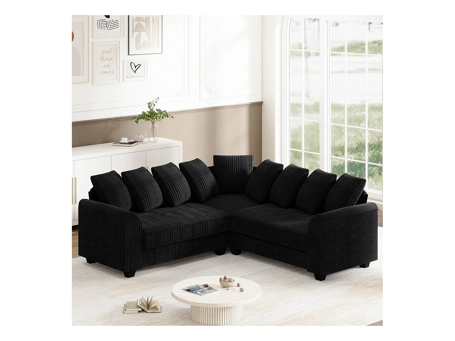 Canapé Modulable avec Coussins Légers, Canapé en Tissu Velours côtelé, Noir (202x202x74 cm)