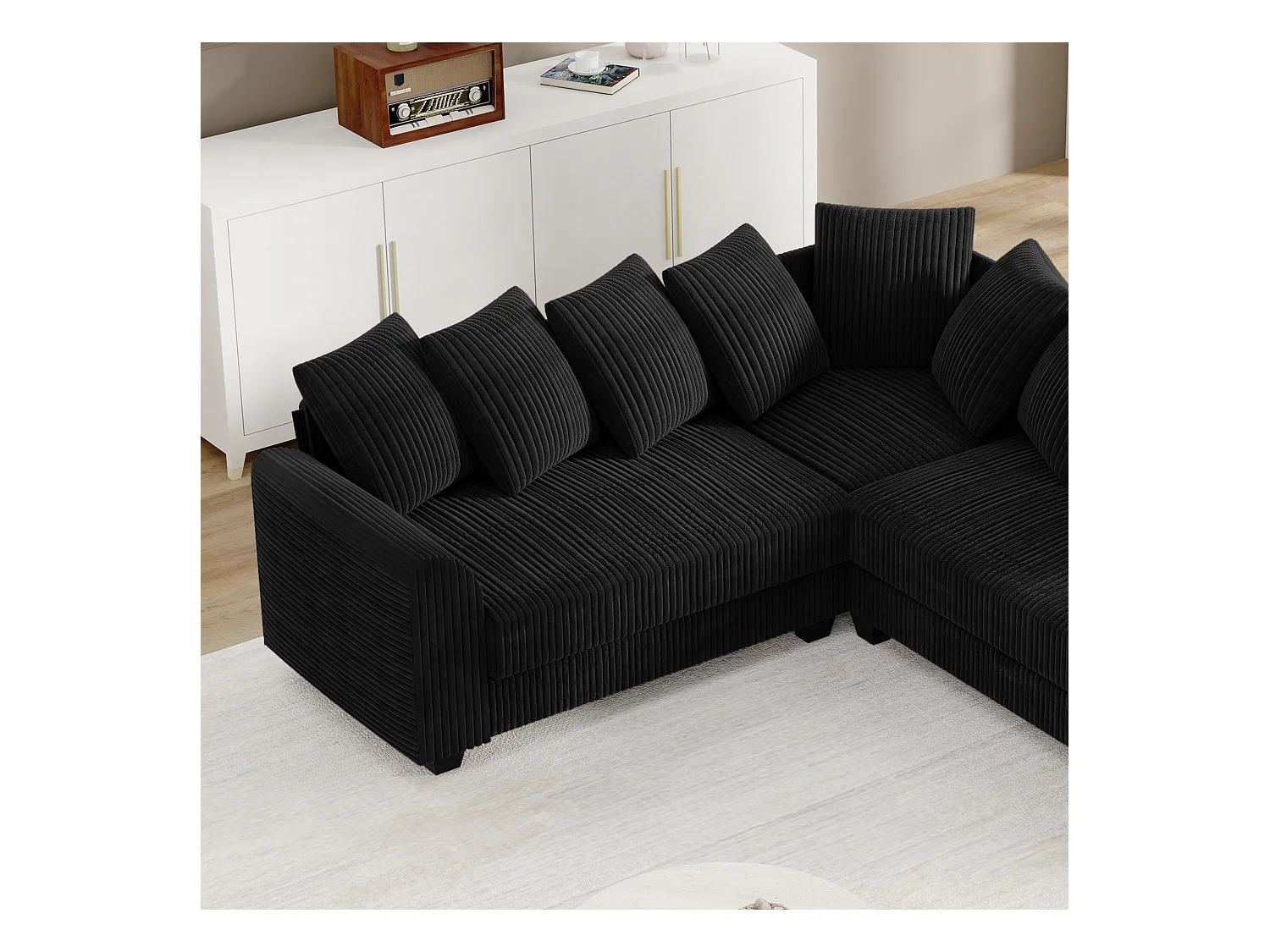 Divano componibile con cuscini leggeri, divano in tessuto a coste, nero (202x202x74 cm)