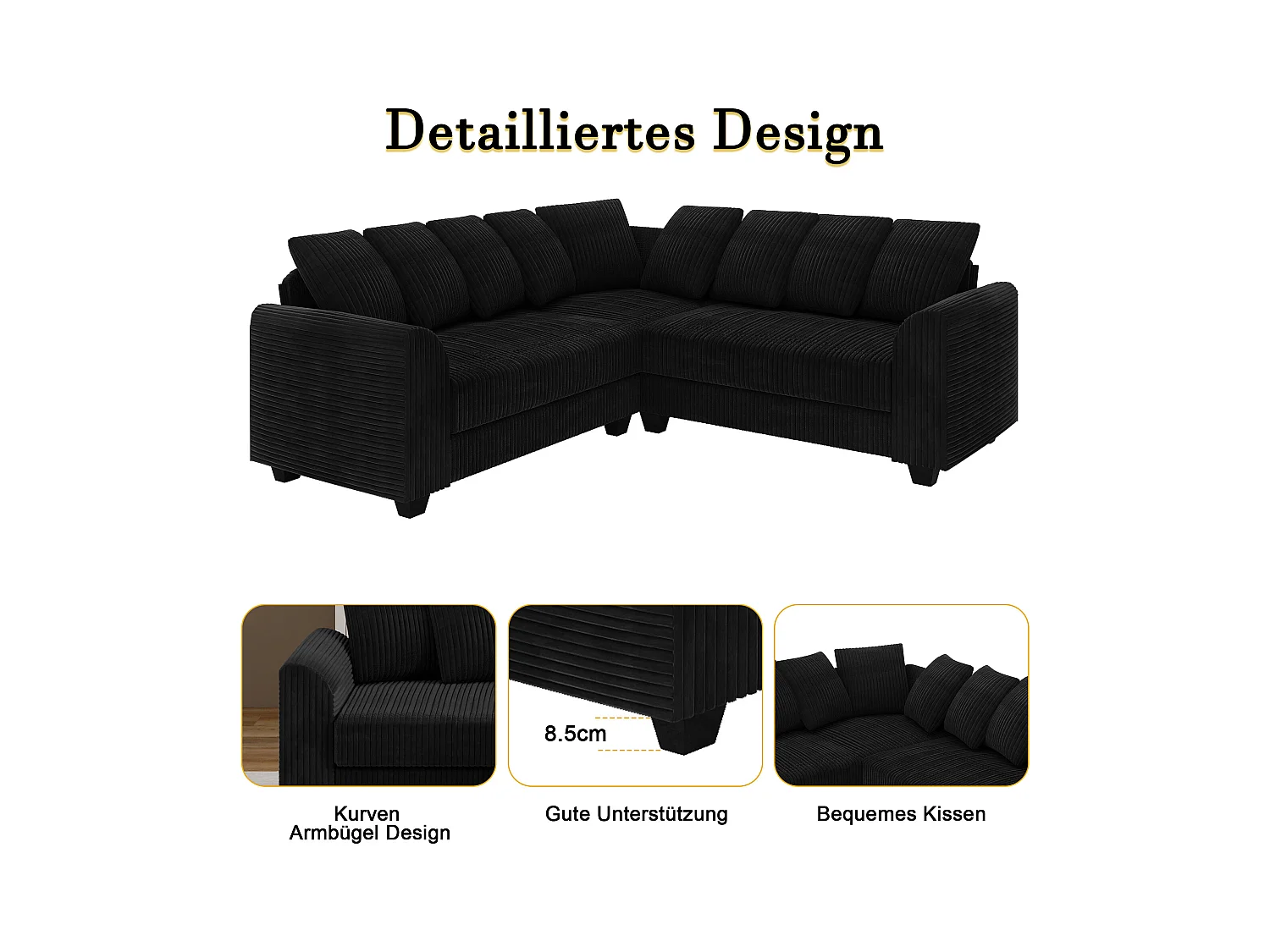 Divano componibile con cuscini leggeri, divano in tessuto a coste, nero (202x202x74 cm)