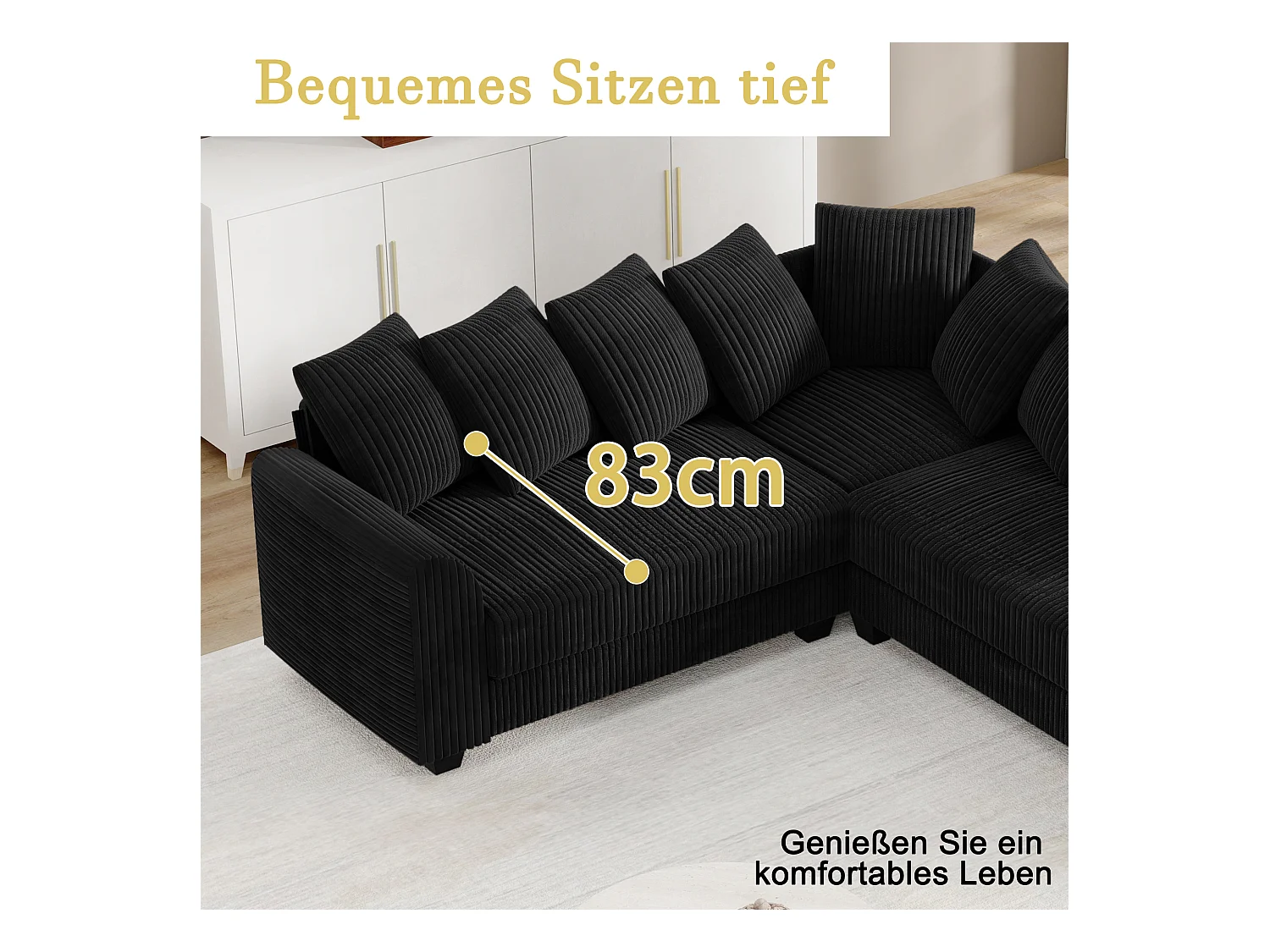 Divano componibile con cuscini leggeri, divano in tessuto a coste, nero (202x202x74 cm)