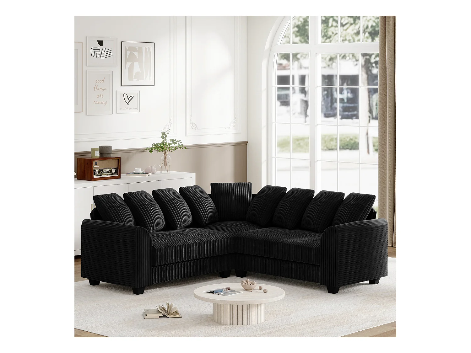 Divano componibile con cuscini leggeri, divano in tessuto a coste, nero (202x202x74 cm)
