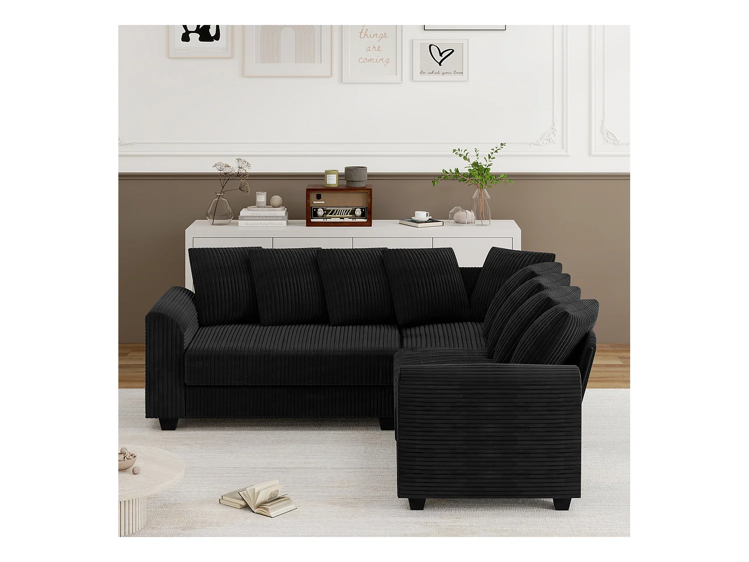 Divano componibile con cuscini leggeri, divano in tessuto a coste, nero (202x202x74 cm)