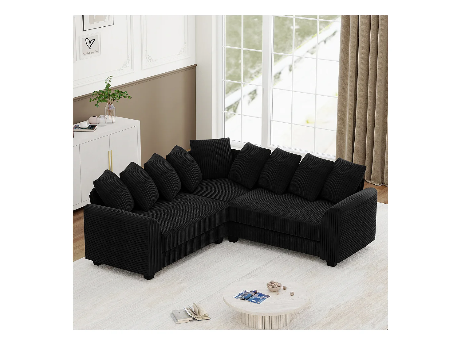 Divano componibile con cuscini leggeri, divano in tessuto a coste, nero (202x202x74 cm)