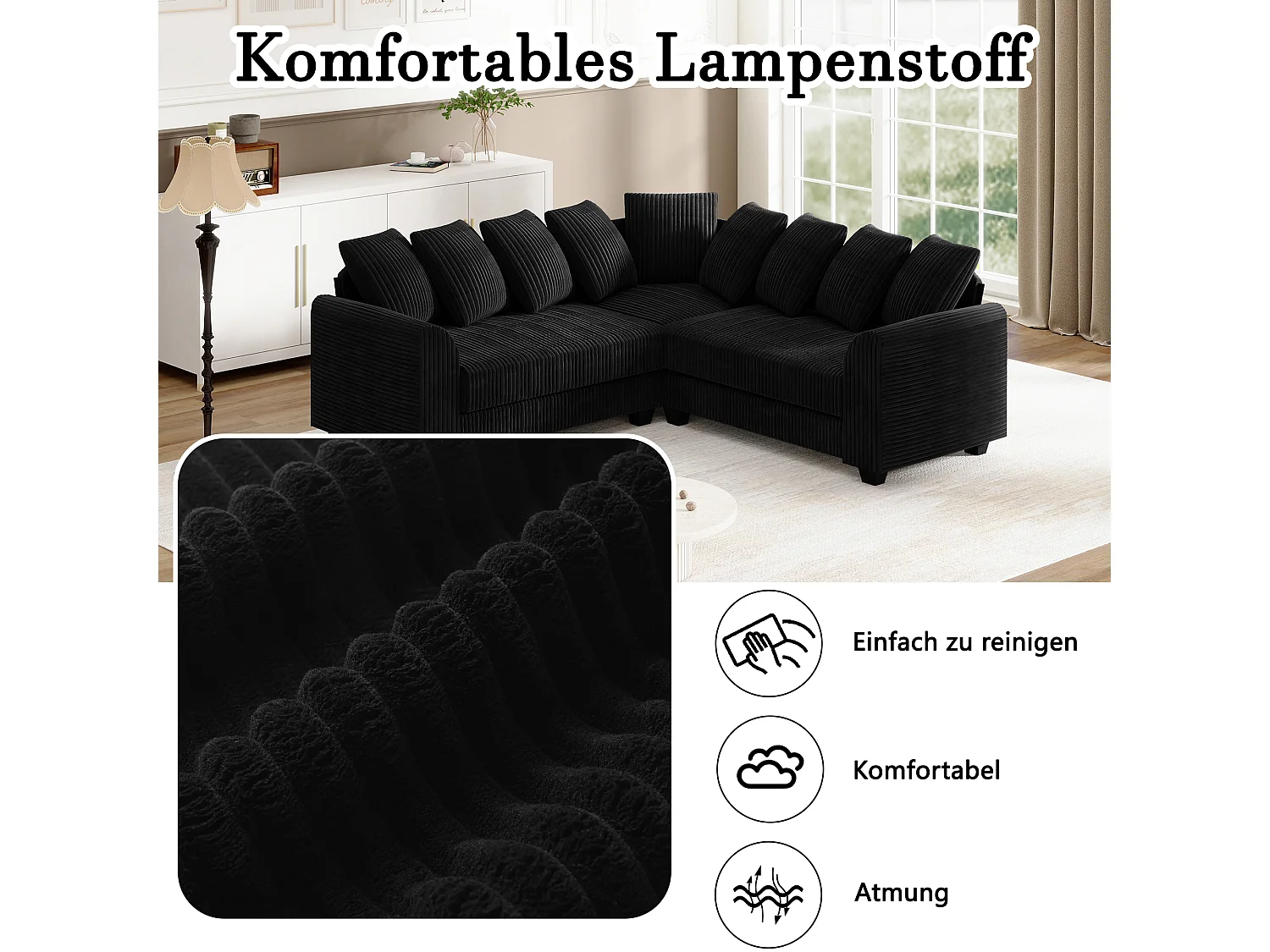 Modulaire bank met lichte kussens, corduroy stoffen bank, zwart (202x202x74 cm)