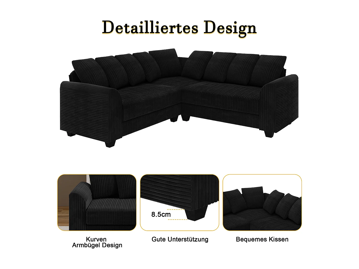 Modulaire bank met lichte kussens, corduroy stoffen bank, zwart (202x202x74 cm)