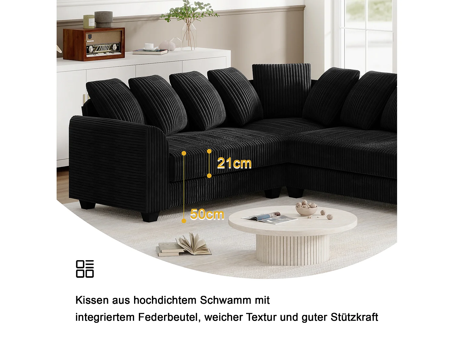 Modulaire bank met lichte kussens, corduroy stoffen bank, zwart (202x202x74 cm)