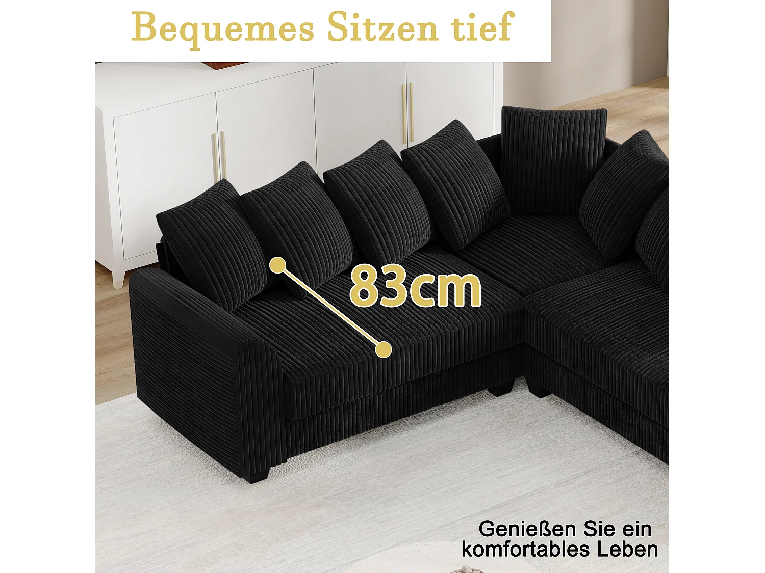 Modulaire bank met lichte kussens, corduroy stoffen bank, zwart (202x202x74 cm)