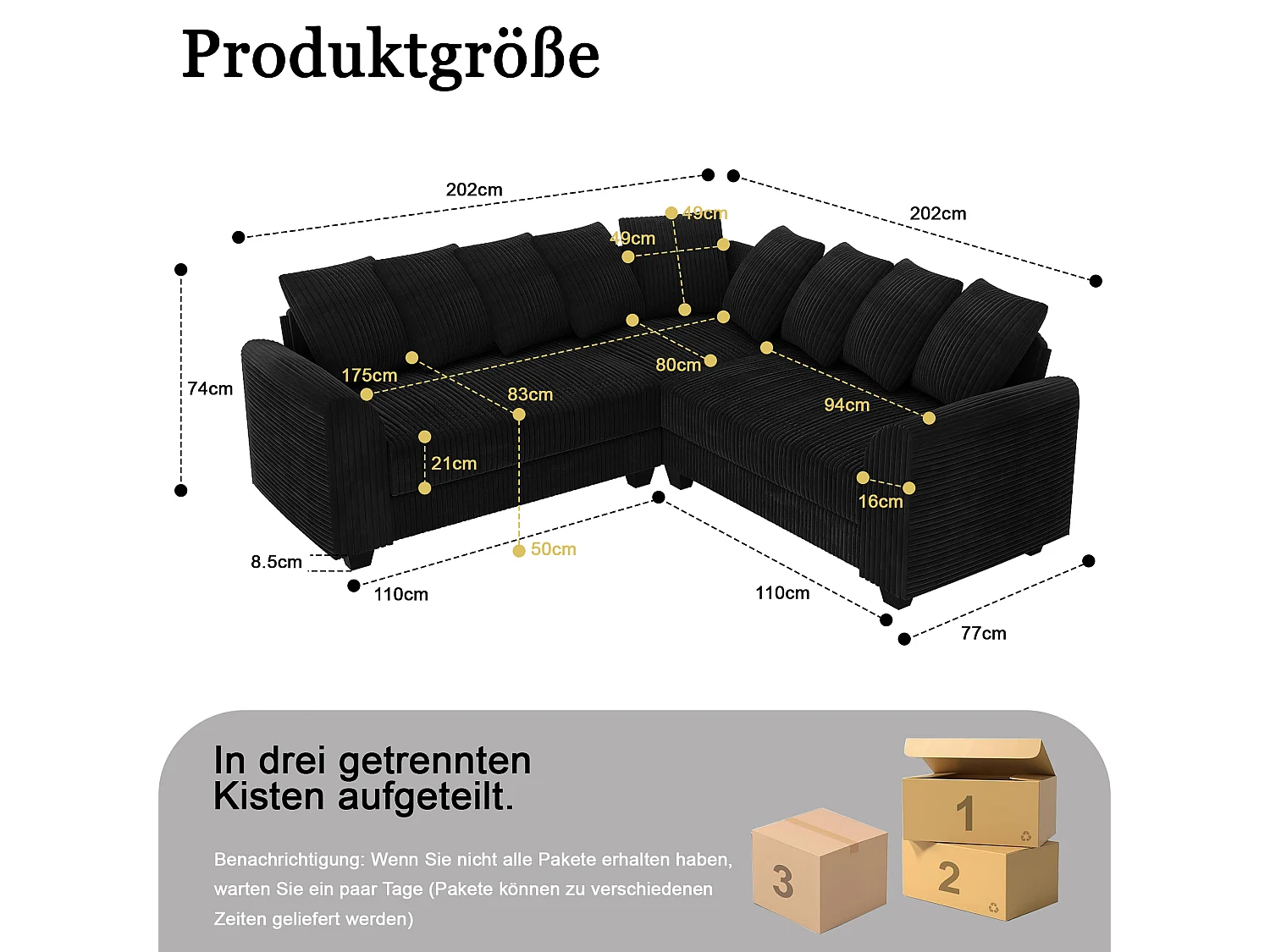 Modulaire bank met lichte kussens, corduroy stoffen bank, zwart (202x202x74 cm)