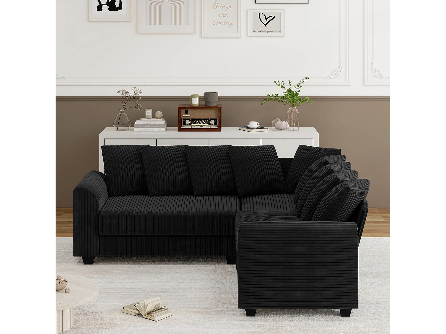 Modulaire bank met lichte kussens, corduroy stoffen bank, zwart (202x202x74 cm)