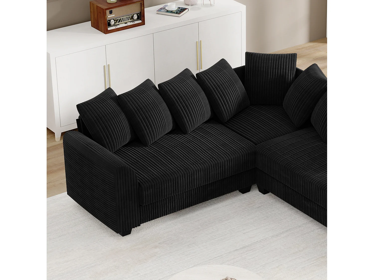 Modulaire bank met lichte kussens, corduroy stoffen bank, zwart (202x202x74 cm)