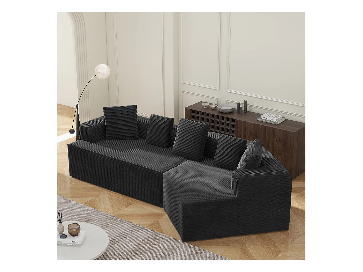 Canapé modulaire en velours côtelé, 3 places, design contemporain, noir (307x159x67cm)