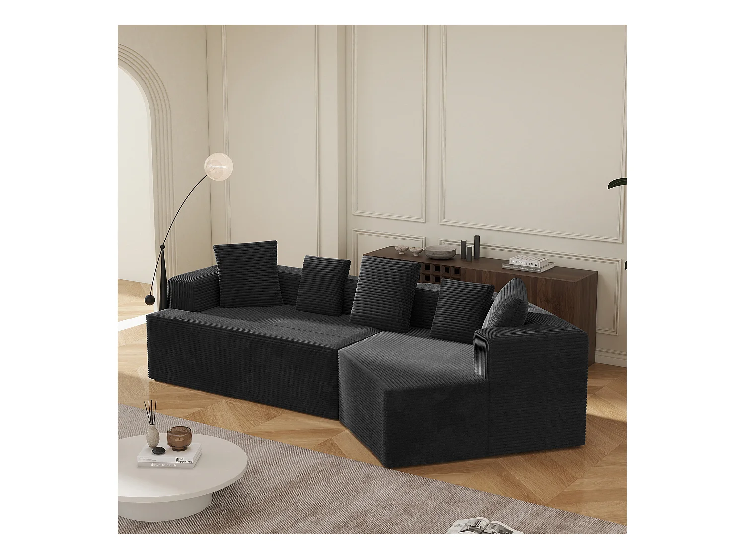 Canapé modulaire en velours côtelé, 3 places, design contemporain, noir (307x159x67cm)