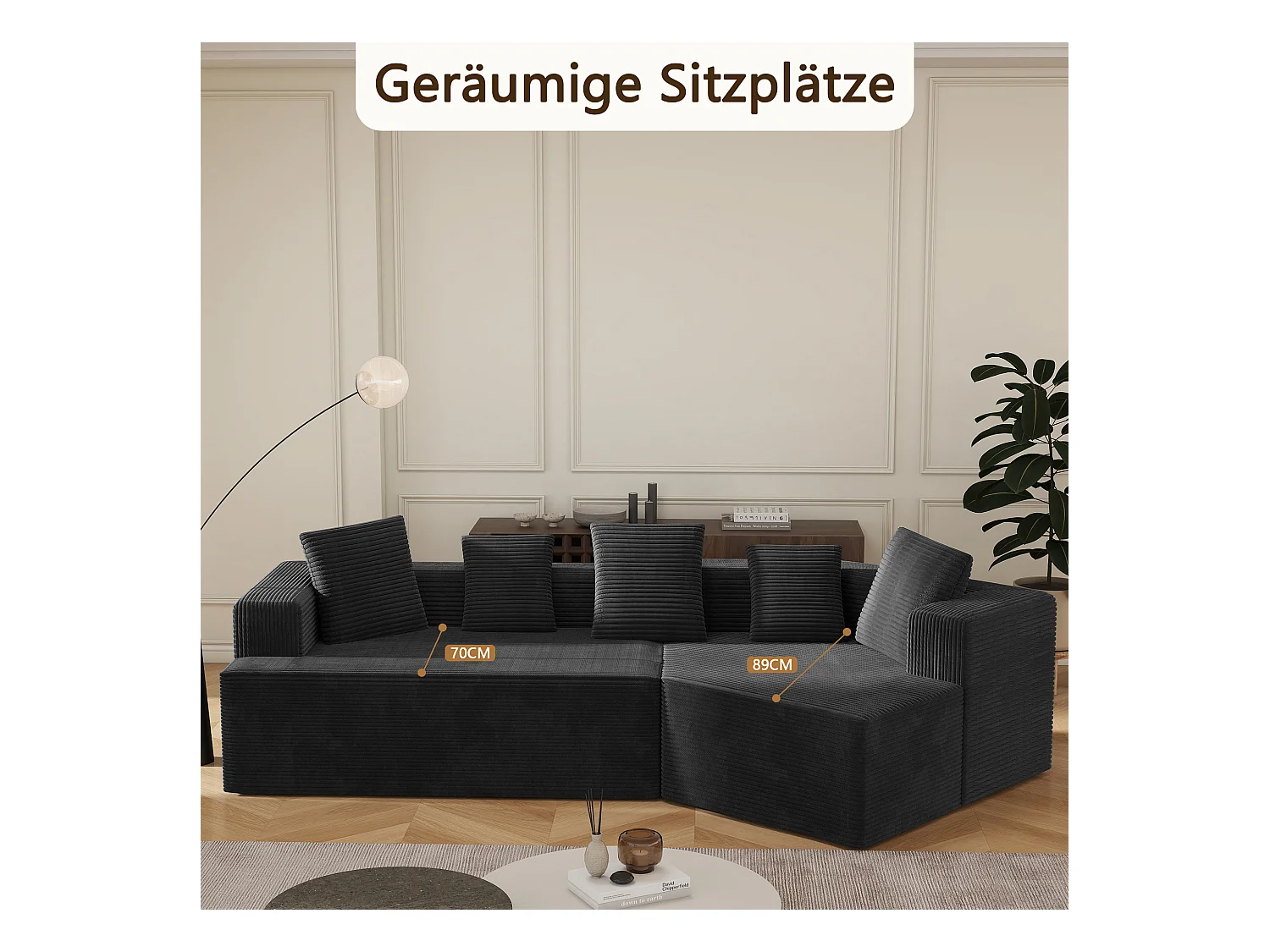 Canapé modulaire en velours côtelé, 3 places, design contemporain, noir (307x159x67cm)