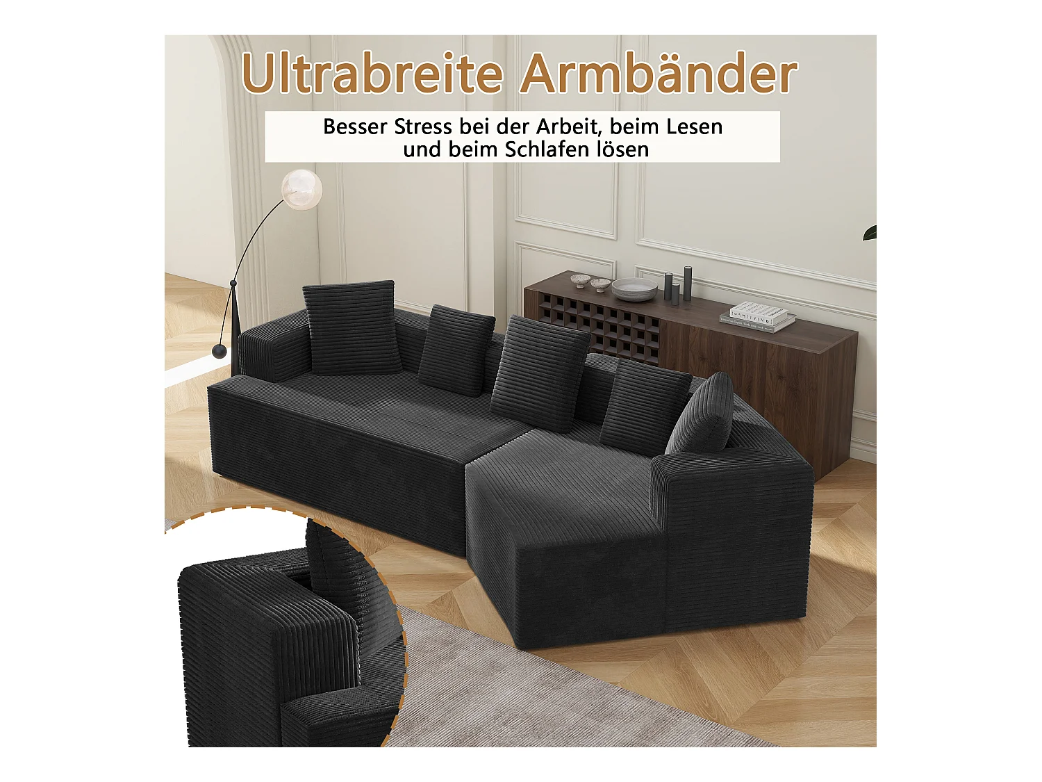 Canapé modulaire en velours côtelé, 3 places, design contemporain, noir (307x159x67cm)