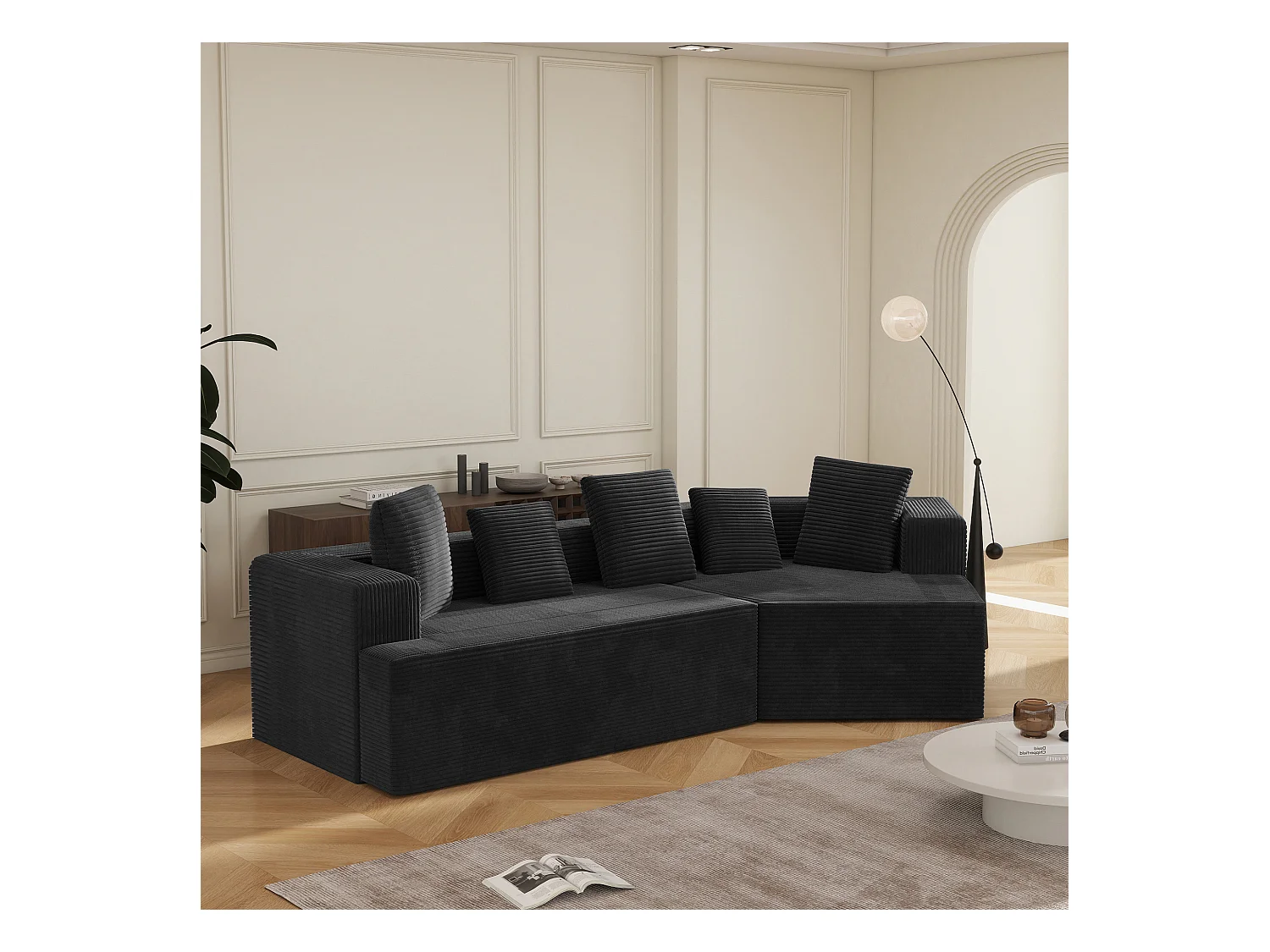 Canapé modulaire en velours côtelé, 3 places, design contemporain, noir (307x159x67cm)