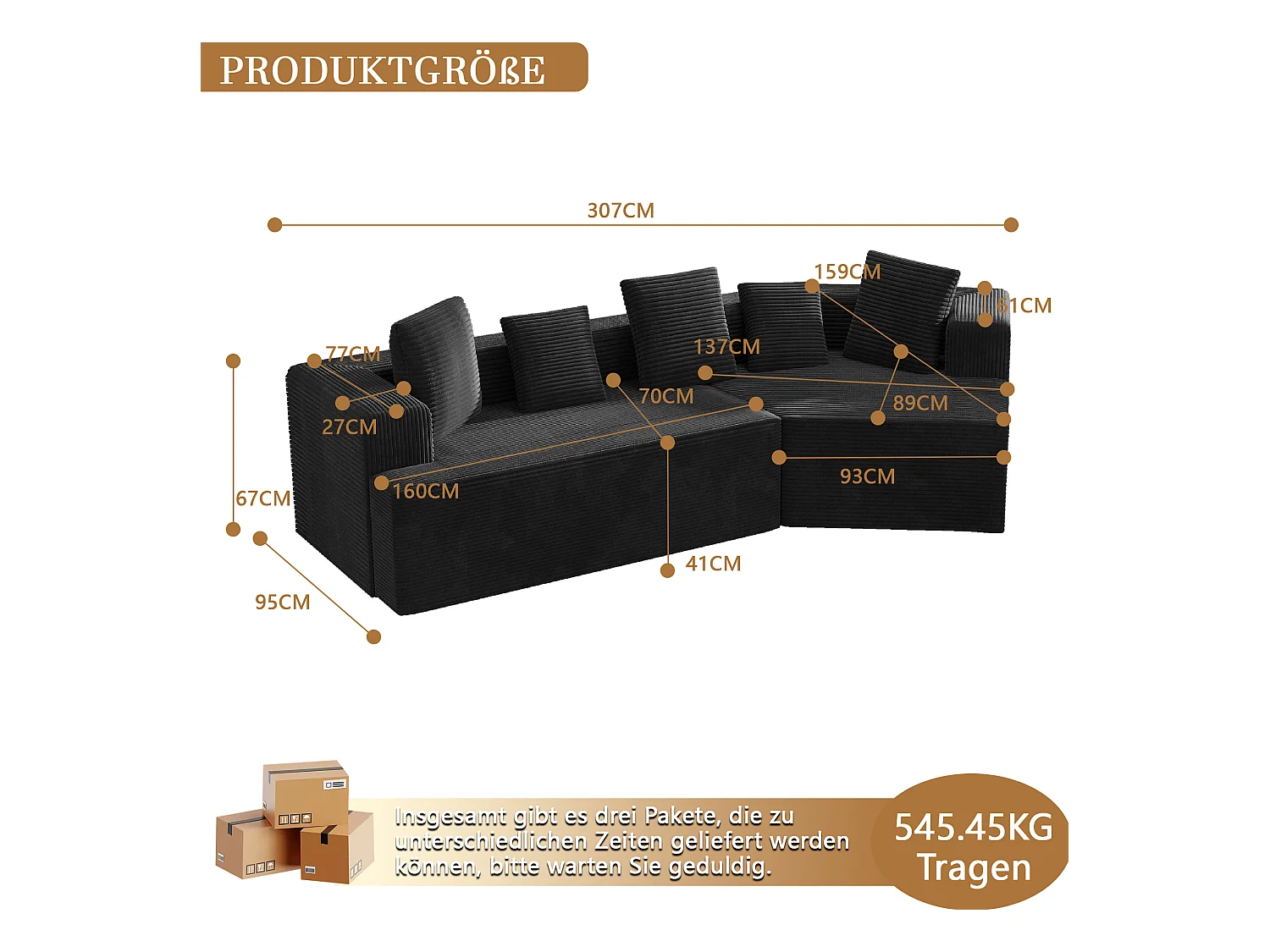 Canapé modulaire en velours côtelé, 3 places, design contemporain, noir (307x159x67cm)